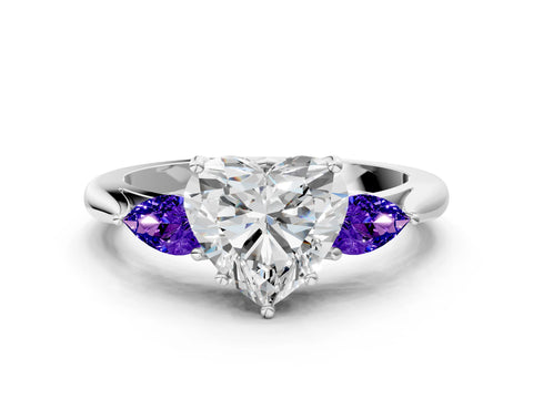 White gold Heart Cut Diamond Three-Stone Ring with Pear with Tanzanite side stone Side Stones and Prong Setting_12