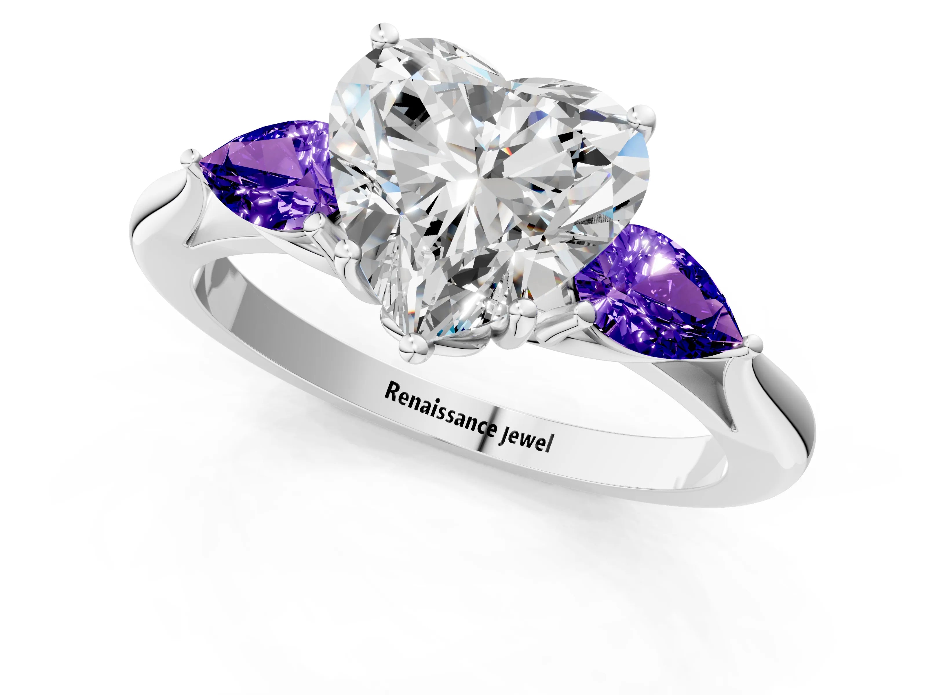 White gold Heart Cut Diamond Three-Stone Ring with Pear with Tanzanite side stone Side Stones and Prong Setting_13