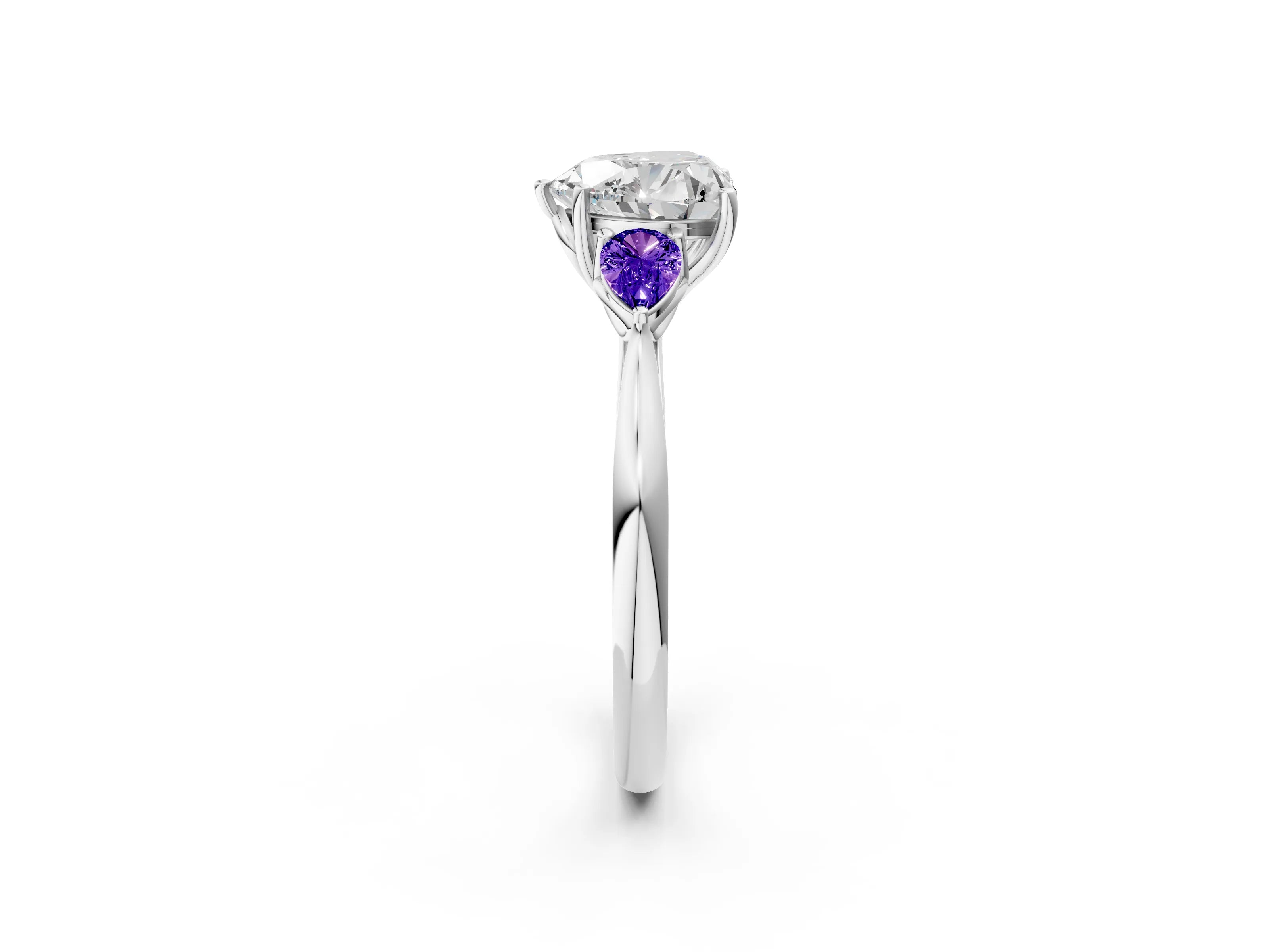 White gold Heart Cut Diamond Three-Stone Ring with Pear with Tanzanite side stone Side Stones and Prong Setting_14