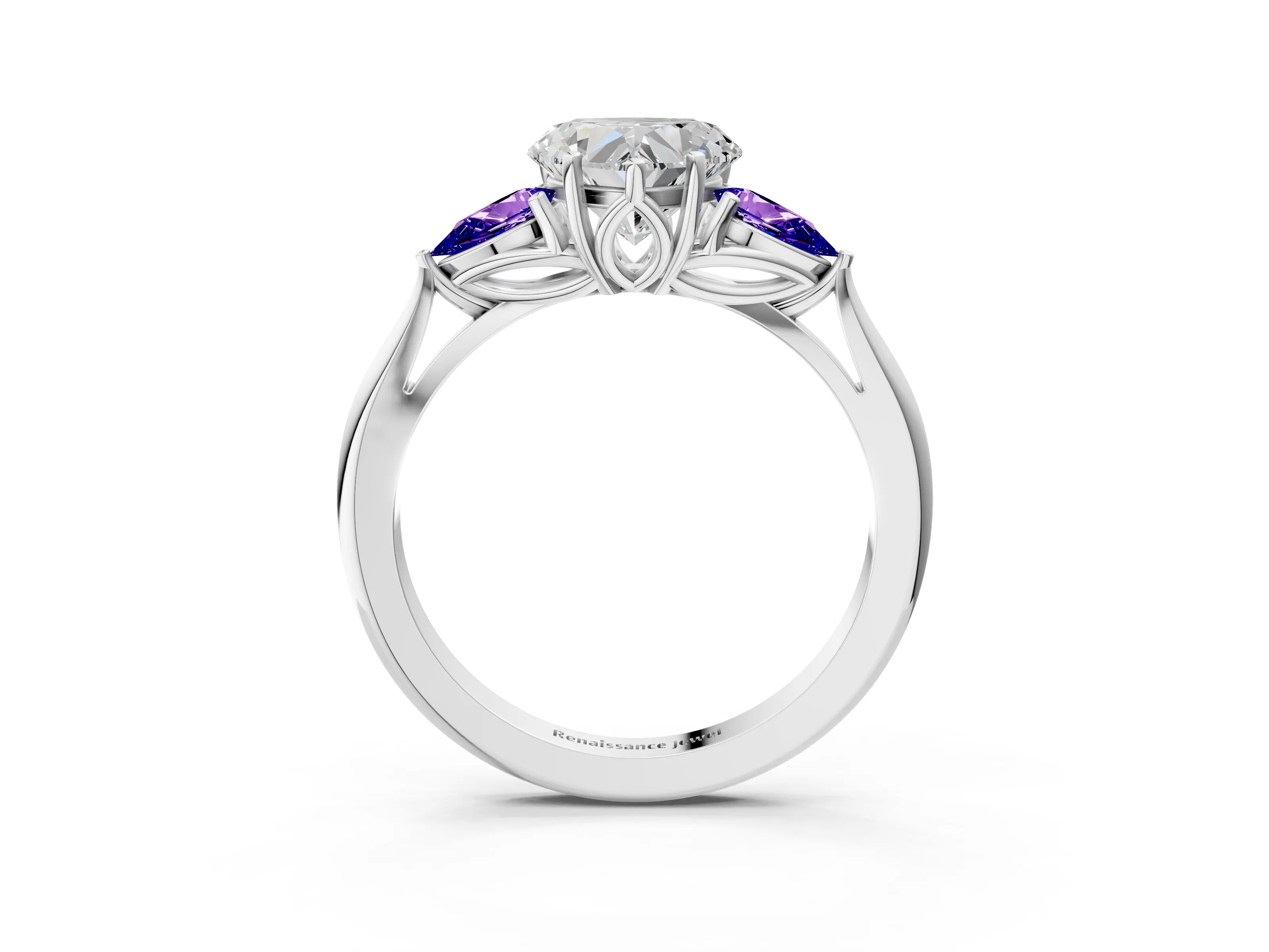 White gold Heart Cut Diamond Three-Stone Ring with Pear with Tanzanite side stone Side Stones and Prong Setting_15