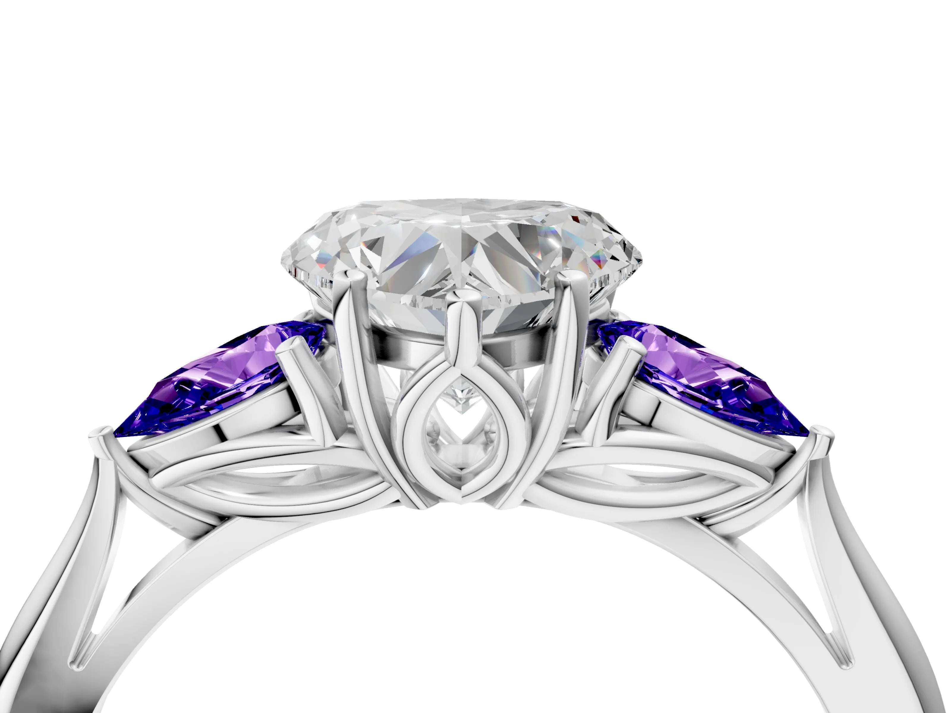 White gold Heart Cut Diamond Three-Stone Ring with Pear with Tanzanite side stone Side Stones and Prong Setting_16