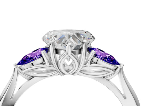 White gold Heart Cut Diamond Three-Stone Ring with Pear with Tanzanite side stone Side Stones and Prong Setting_16