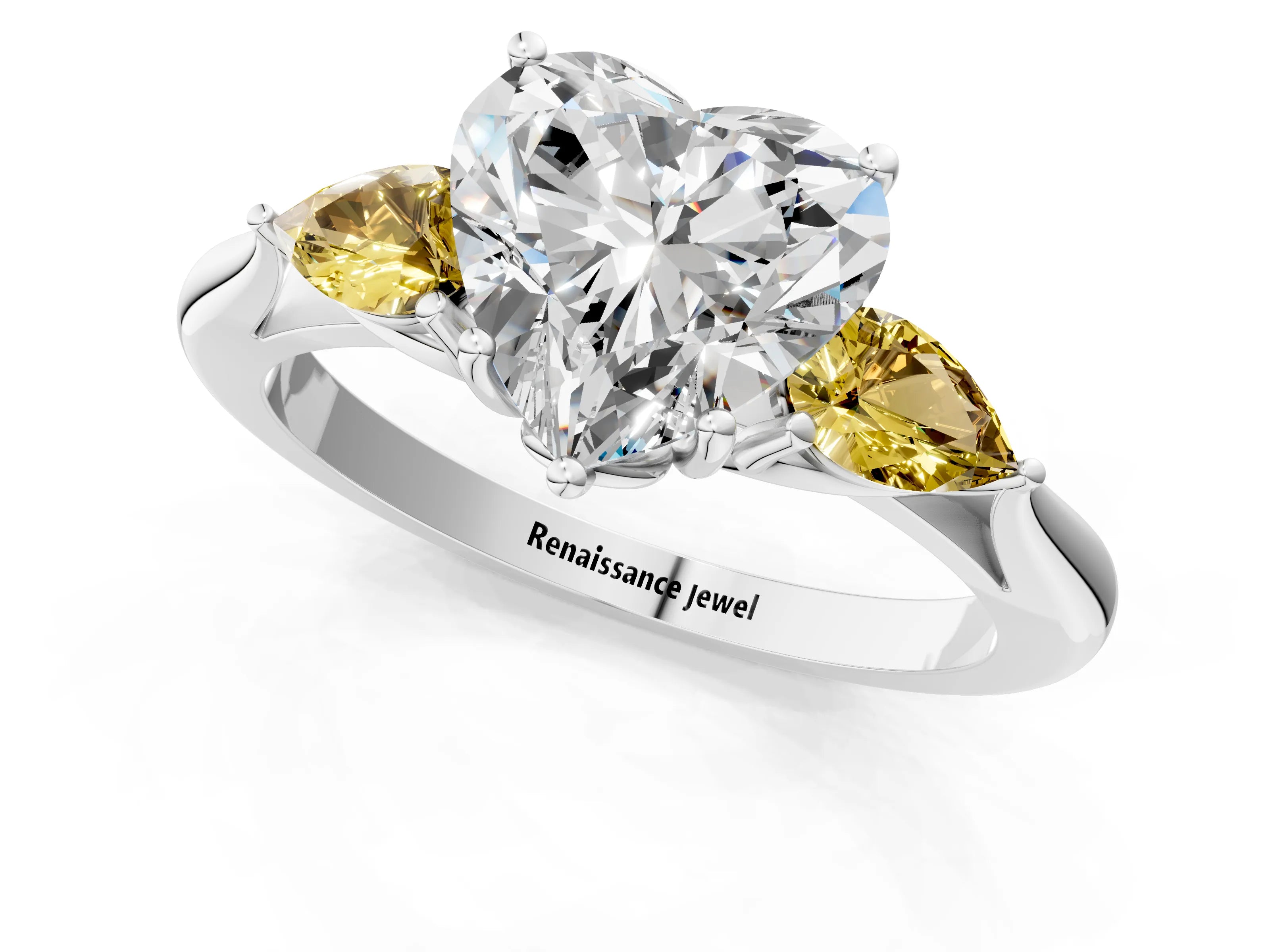 White gold Heart Cut Diamond Three-Stone Ring with Pear with Yellow Sapphire side stone Side Stones and Prong Setting_37