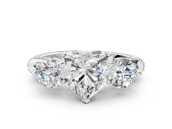 White gold Round Diamond Three-Stone Ring with Prong Setting and Pavé Band