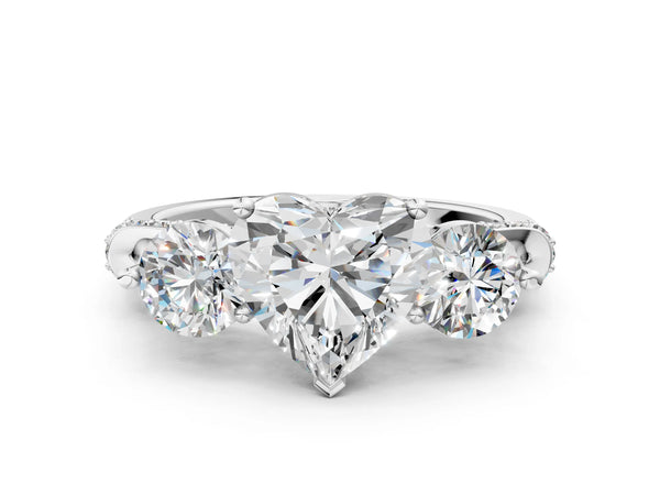 Platinum Round Curved Pave Three Stone Engagement Ring Setting