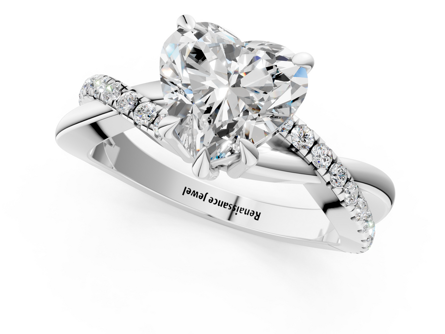 White gold Heart Cut Diamond Twist Band Solitaire with Prong Setting