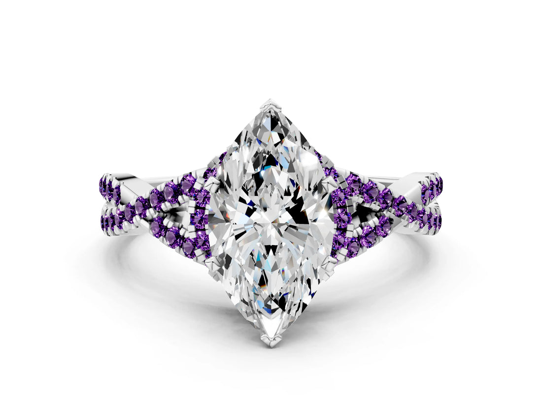 White gold Heart Cut Diamond with Amethyst side stone Halo Twist Band Solitaire Prong Setting Ring_12