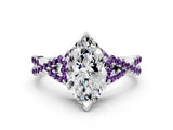 White gold Heart Cut Diamond with Amethyst side stone Halo Twist Band Solitaire Prong Setting Ring_12