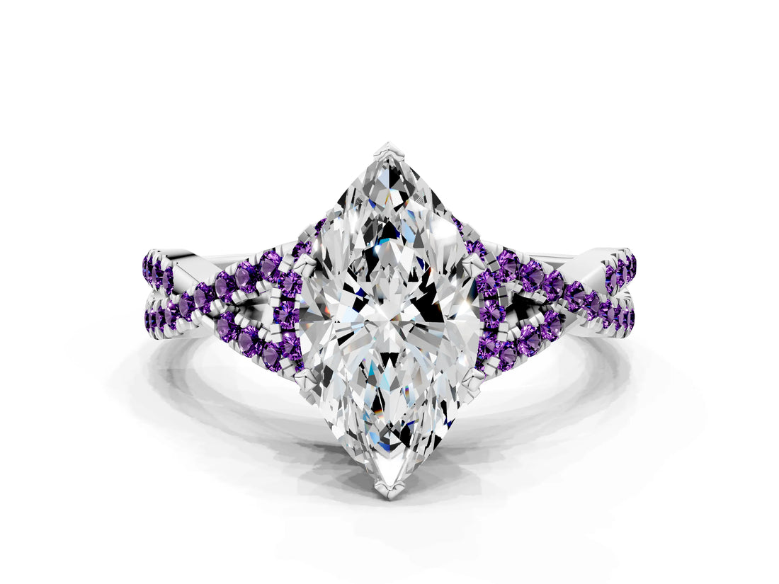 White gold Heart Cut Diamond with Amethyst side stone Halo Twist Band Solitaire Prong Setting Ring_24