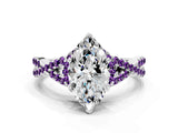 White gold Heart Cut Diamond with Amethyst side stone Halo Twist Band Solitaire Prong Setting Ring_24