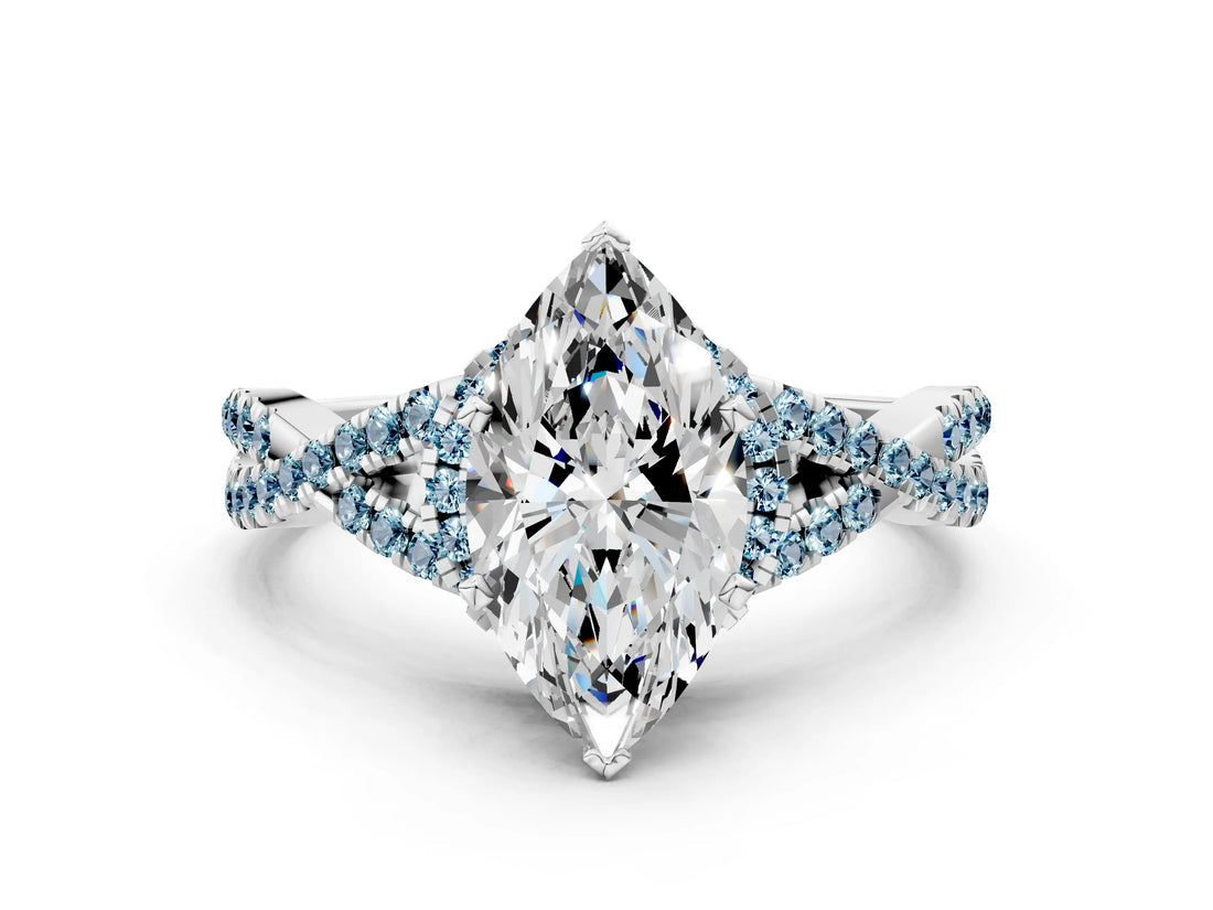 White gold Heart Cut Diamond with Aquamarine side stone Halo Twist Band Solitaire Prong Setting Ring_12