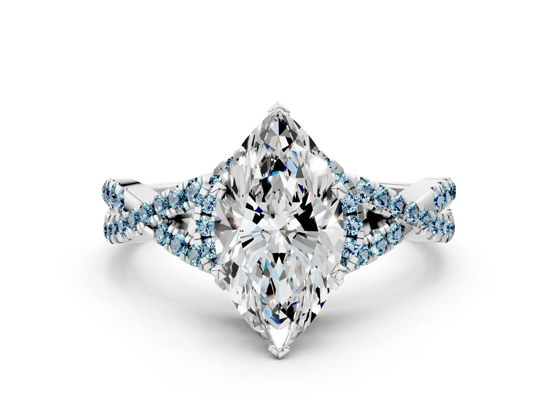 White gold Heart Cut Diamond with Aquamarine side stone Halo Twist Band Solitaire Prong Setting Ring_36