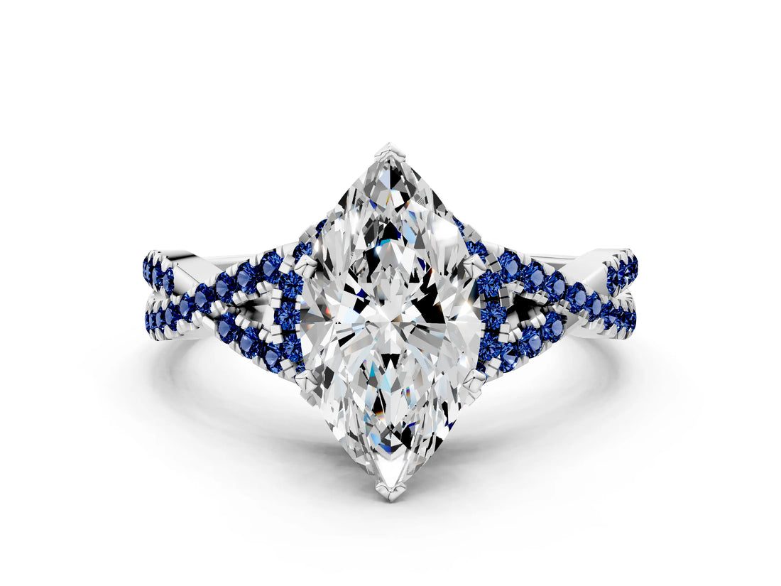 White gold Heart Cut Diamond with Blue Sapphire side stone Halo Twist Band Solitaire Prong Setting Ring_12