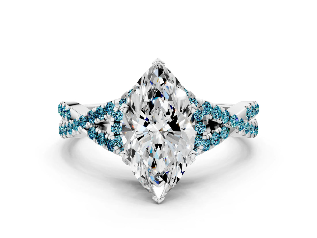White gold Heart Cut Diamond with Blue Topaz side stone Halo Twist Band Solitaire Prong Setting Ring_12