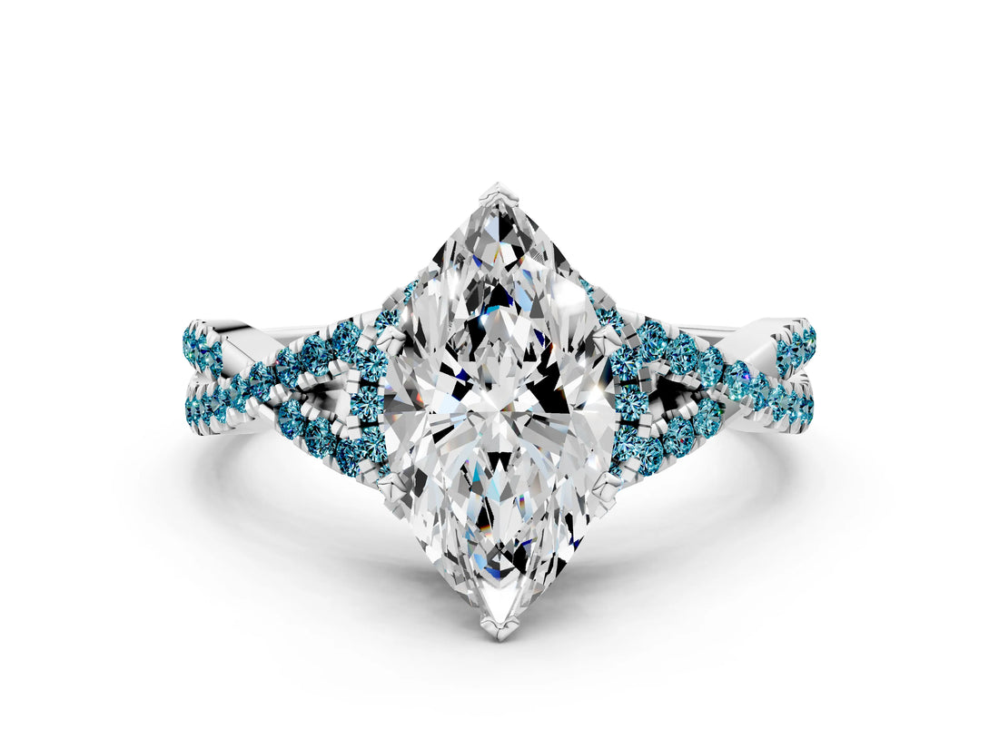 White gold Heart Cut Diamond with Blue Topaz side stone Halo Twist Band Solitaire Prong Setting Ring_24