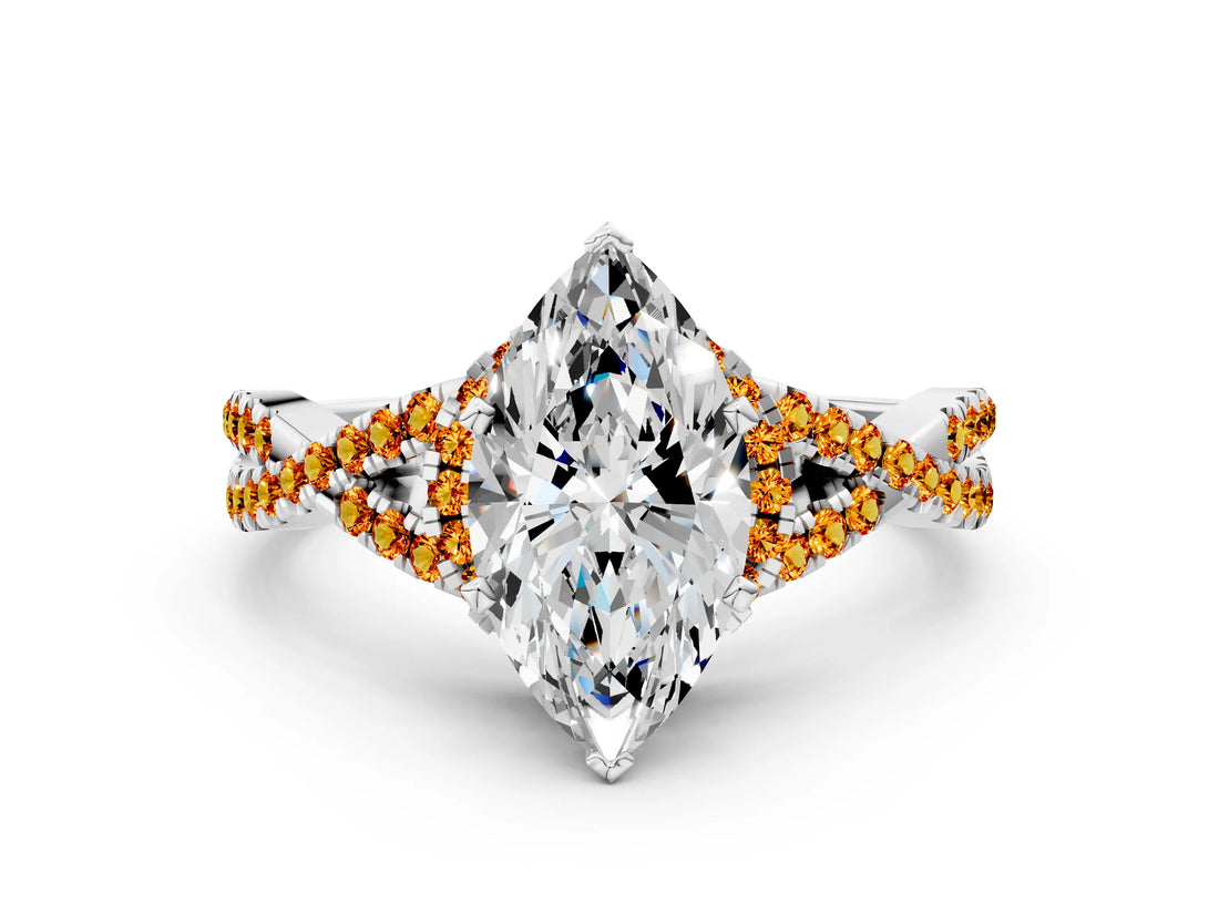 White gold Heart Cut Diamond with Citrine side stone Halo Twist Band Solitaire Prong Setting Ring_36
