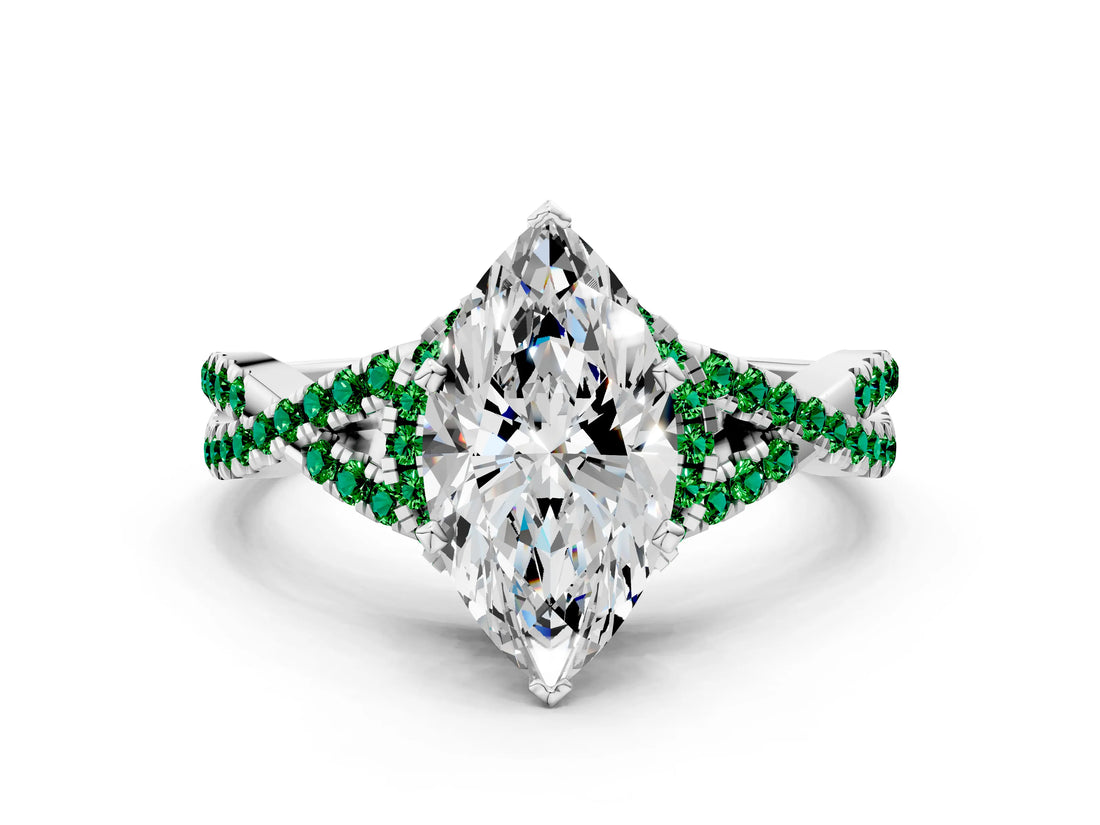 White gold Heart Cut Diamond with Emerald side stone Halo Twist Band Solitaire Prong Setting Ring_12