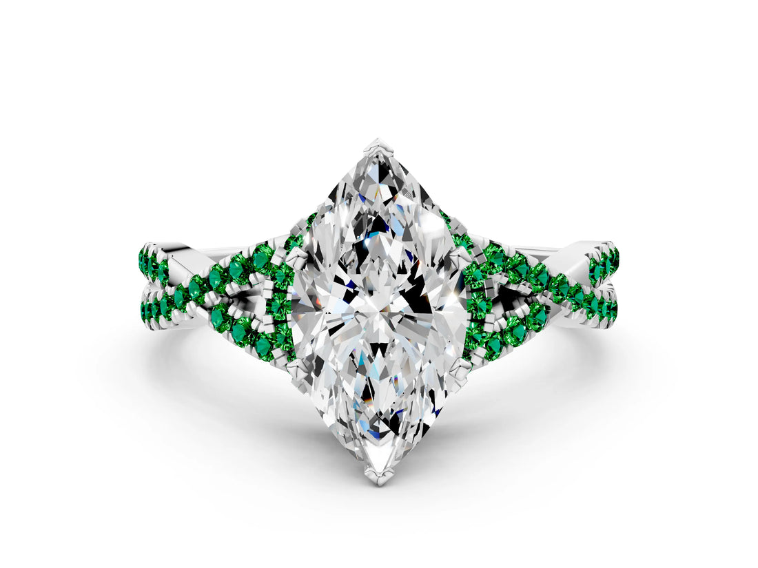 White gold Heart Cut Diamond with Emerald side stone Halo Twist Band Solitaire Prong Setting Ring_30