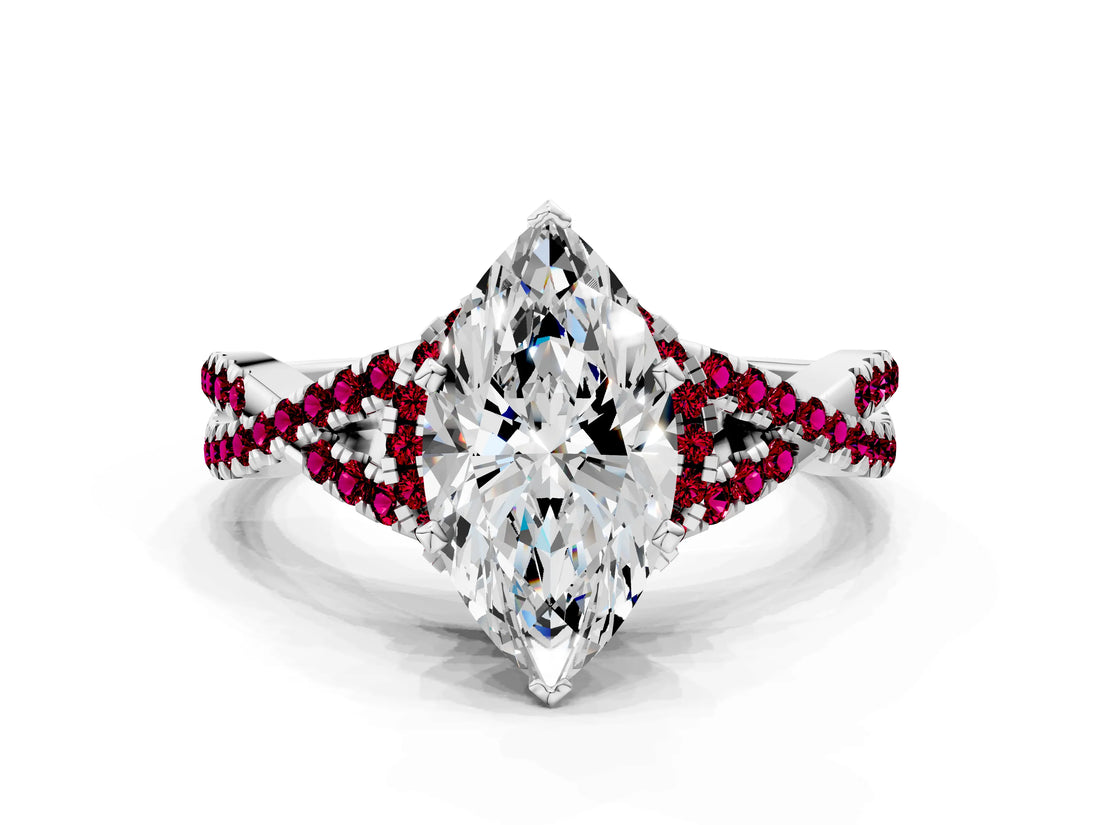 White gold Heart Cut Diamond with Garnet side stone Halo Twist Band Solitaire Prong Setting Ring_12
