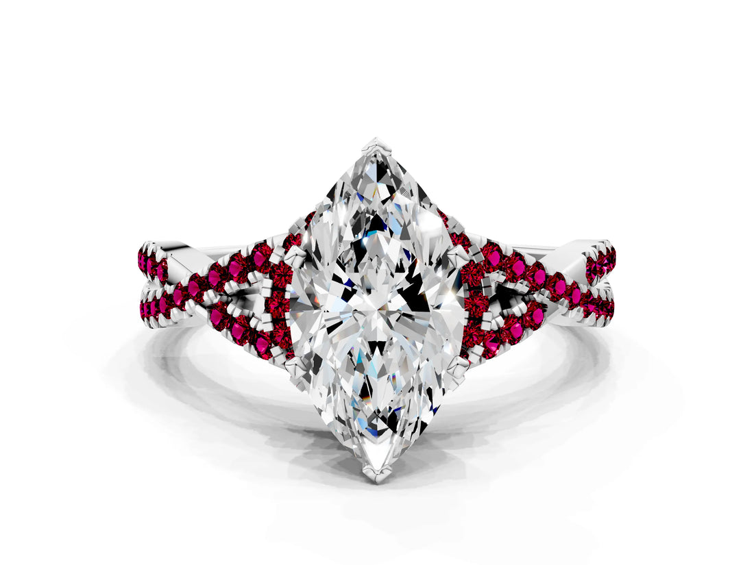 White gold Heart Cut Diamond with Garnet side stone Halo Twist Band Solitaire Prong Setting Ring_24