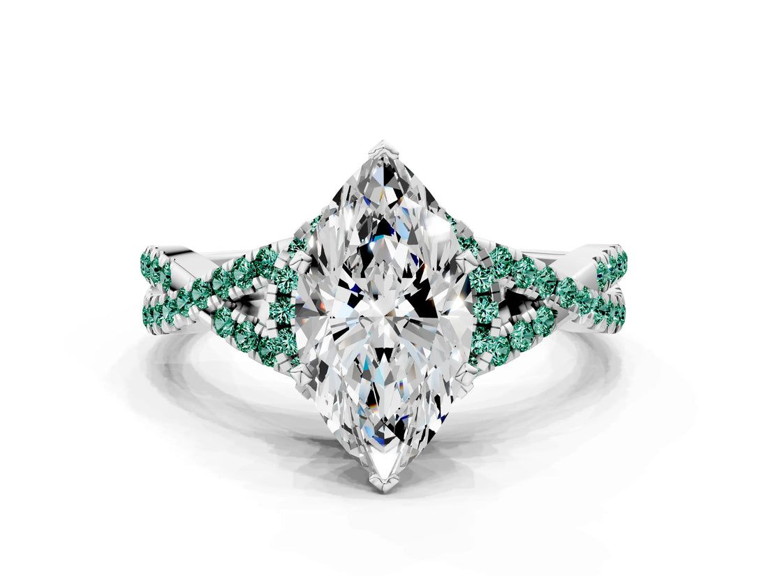 White gold Heart Cut Diamond with Green Sapphire side stone Halo Twist Band Solitaire Prong Setting Ring_12