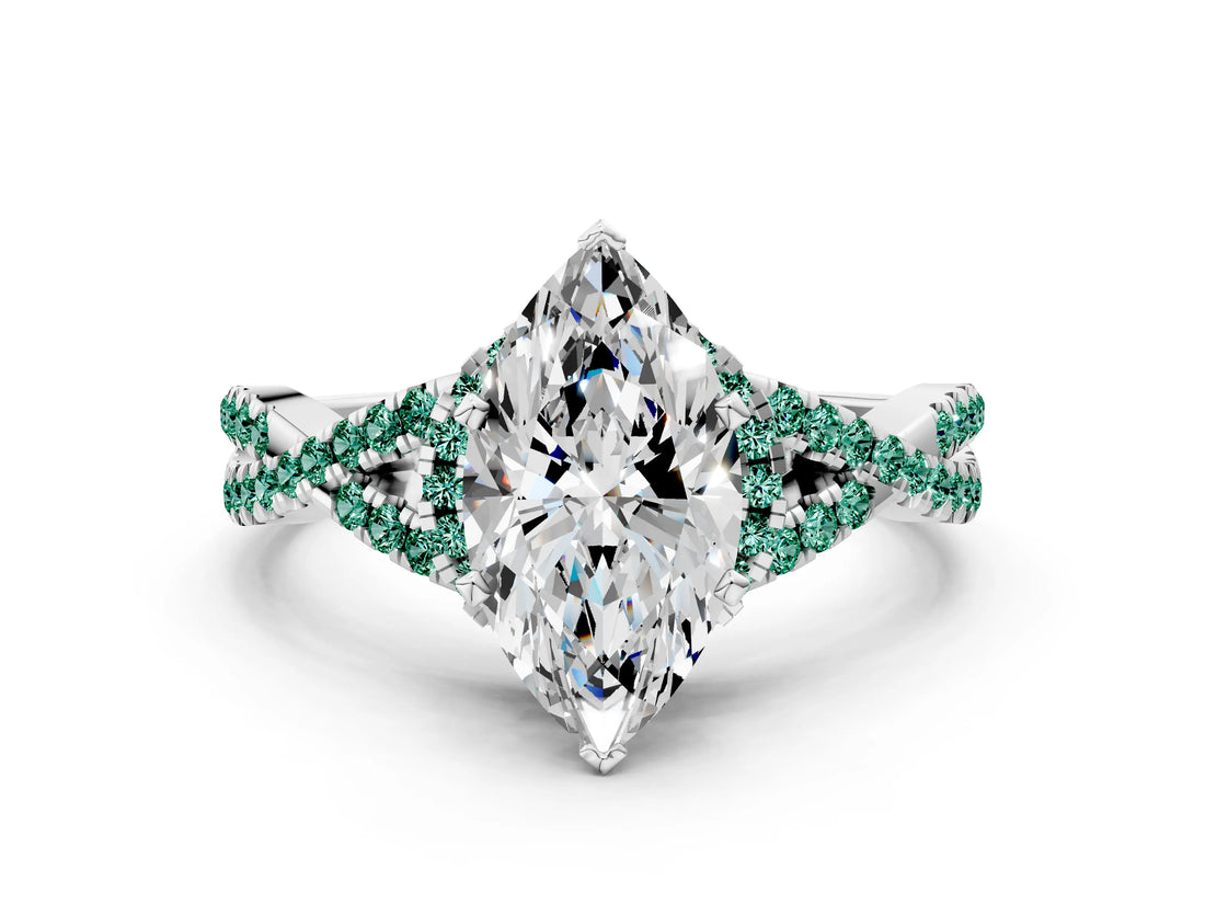 White gold Heart Cut Diamond with Green Sapphire side stone Halo Twist Band Solitaire Prong Setting Ring_24