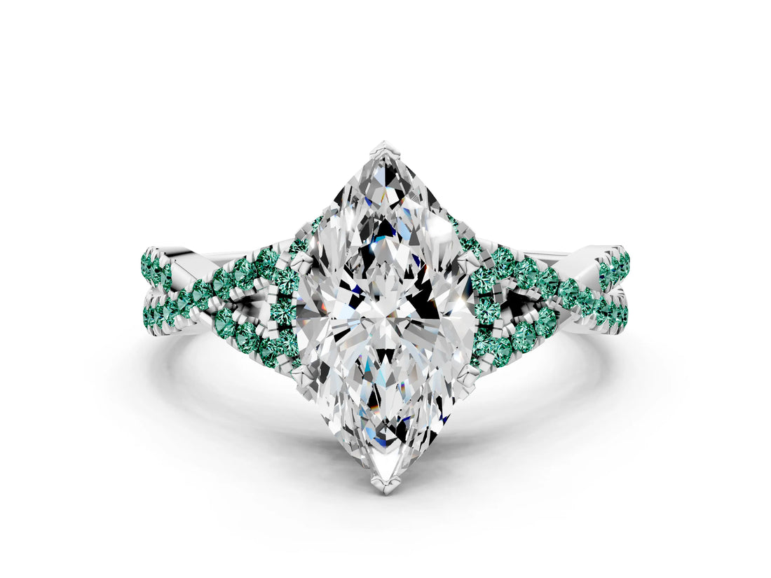 White gold Heart Cut Diamond with Green Sapphire side stone Halo Twist Band Solitaire Prong Setting Ring_36