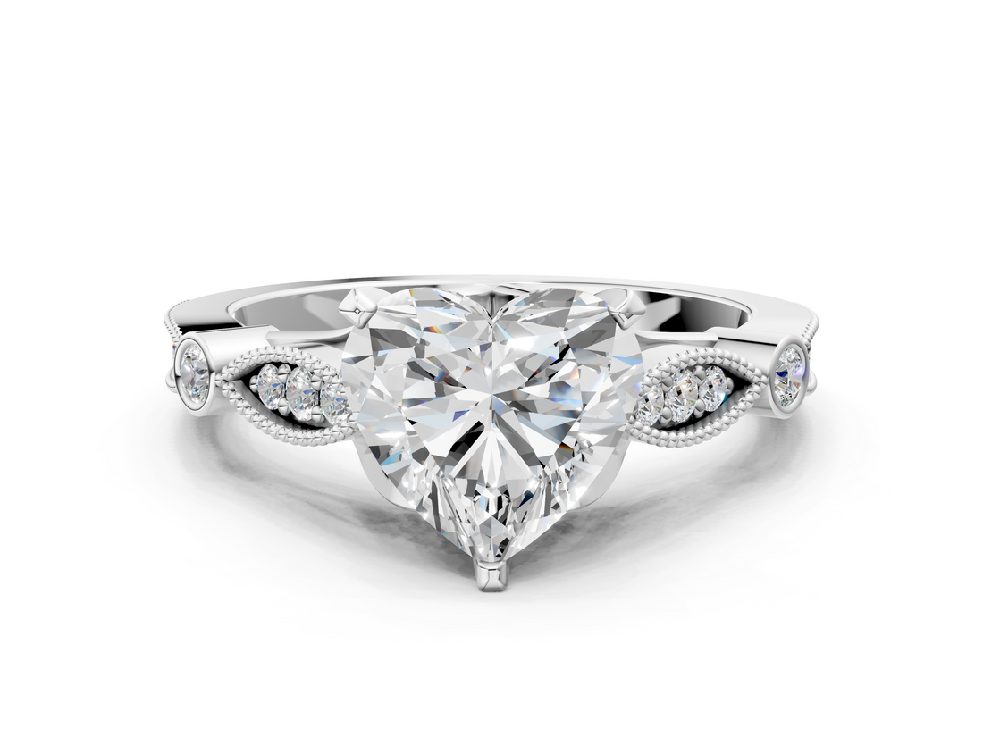 White gold Heart Cut Diamond with Milgrain Marquise and Bezel Accents on a Solitaire Band with Prong Setting_228