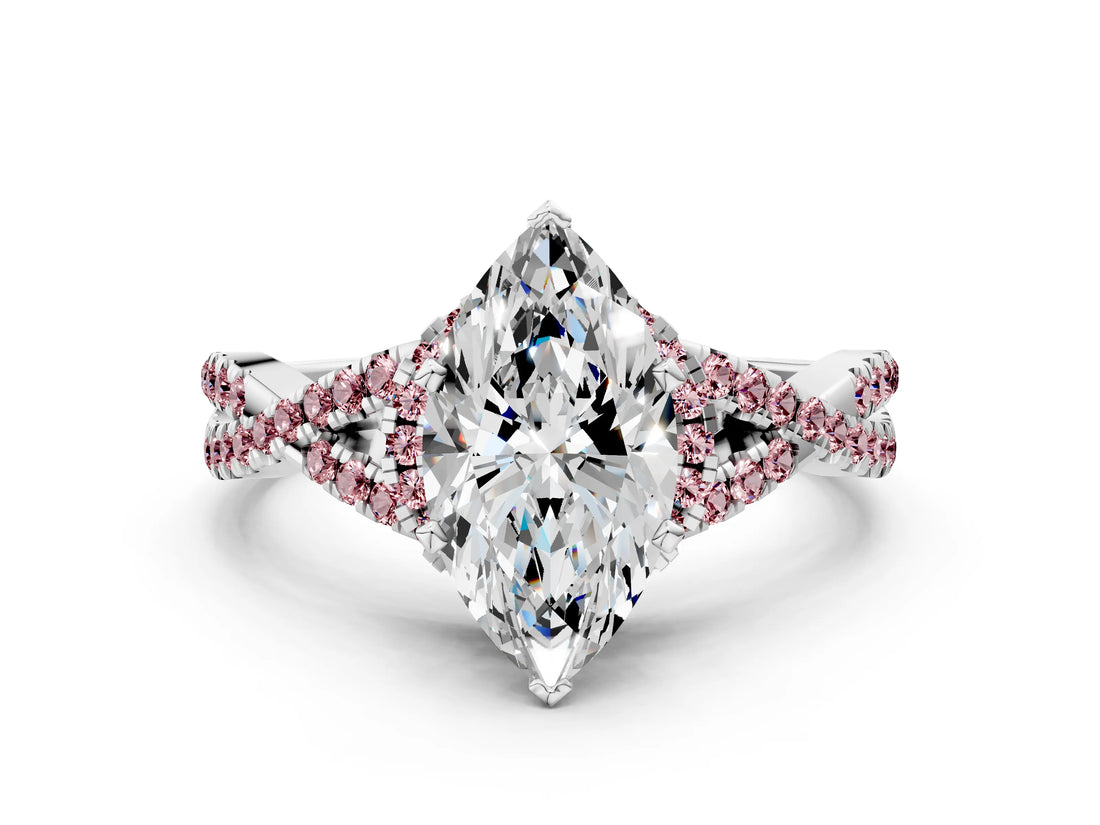 White gold Heart Cut Diamond with Morganite side stone Halo Twist Band Solitaire Prong Setting Ring_12
