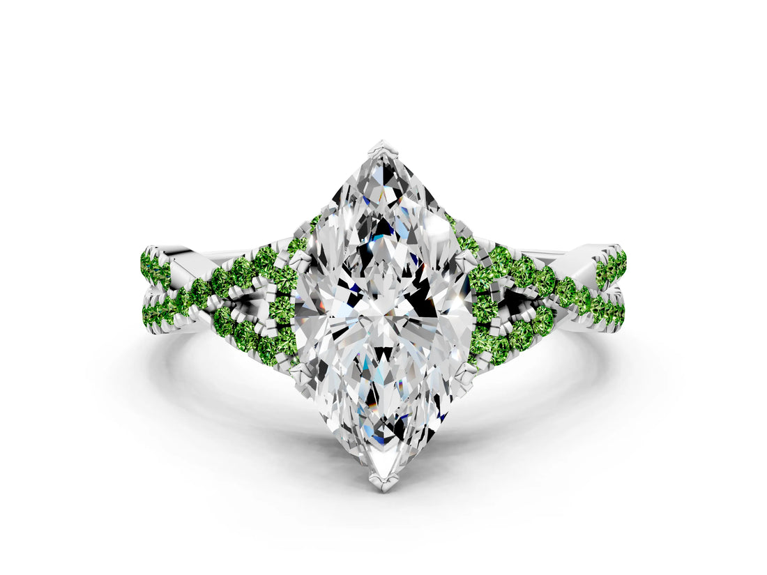 White gold Heart Cut Diamond with Peridot side stone Halo Twist Band Solitaire Prong Setting Ring_12