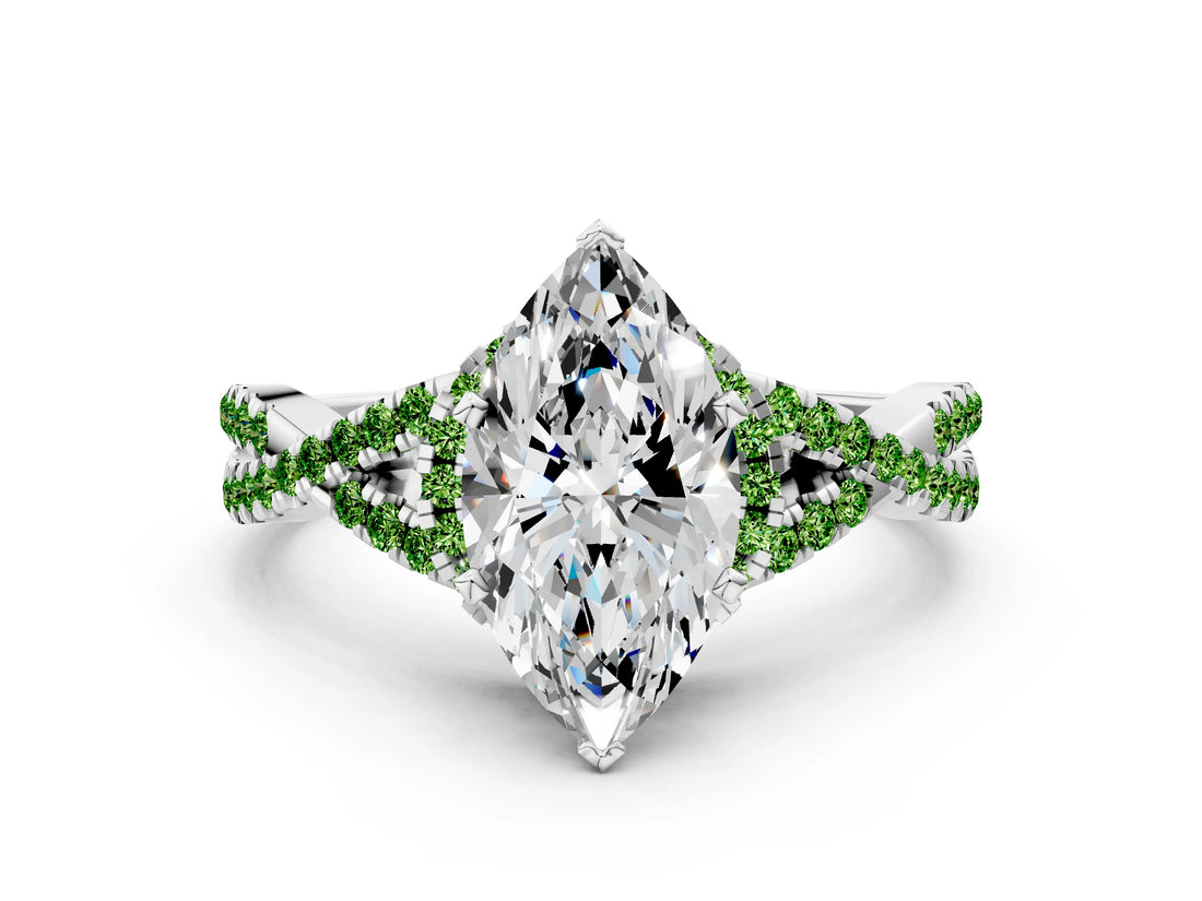 White gold Heart Cut Diamond with Peridot side stone Halo Twist Band Solitaire Prong Setting Ring_36
