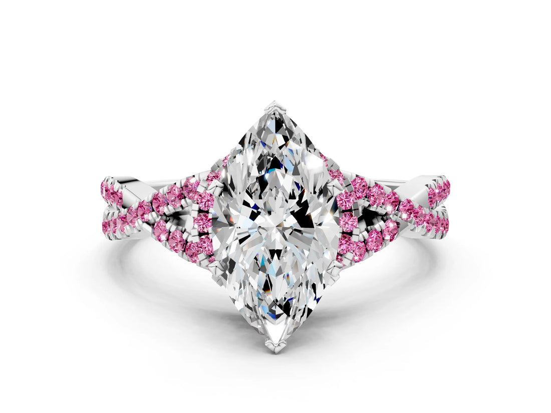 White gold Heart Cut Diamond with Pink Sapphire side stone Halo Twist Band Solitaire Prong Setting Ring_12