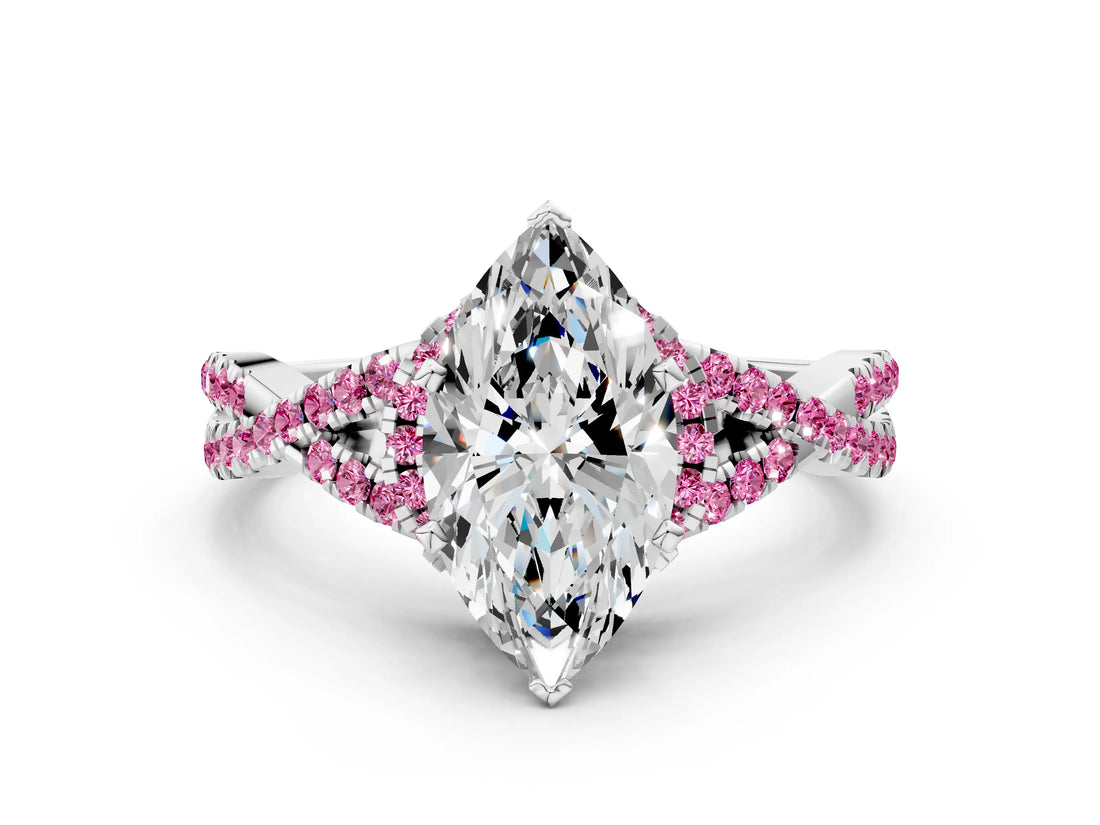 White gold Heart Cut Diamond with Pink Sapphire side stone Halo Twist Band Solitaire Prong Setting Ring_25