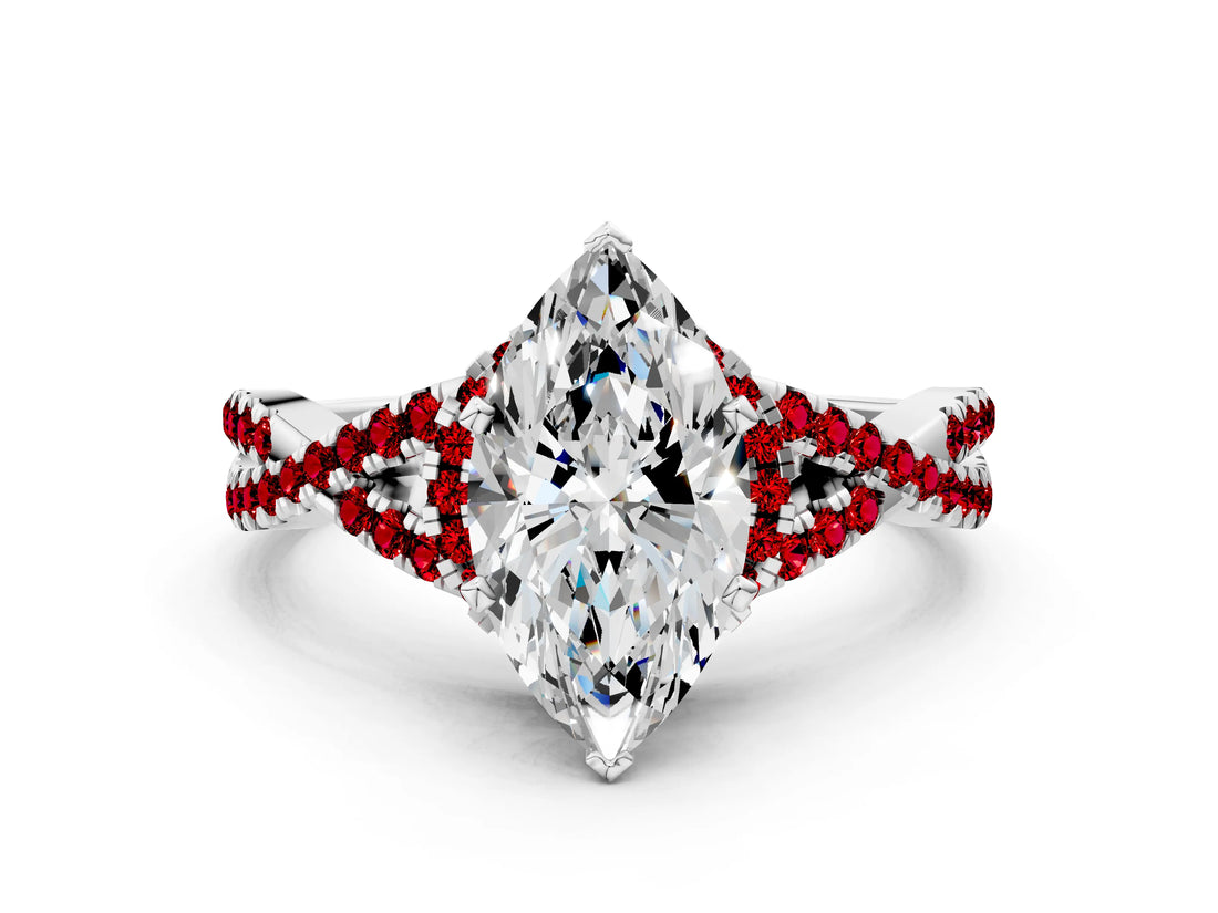 White gold Heart Cut Diamond with Ruby side stone Halo Twist Band Solitaire Prong Setting Ring_12