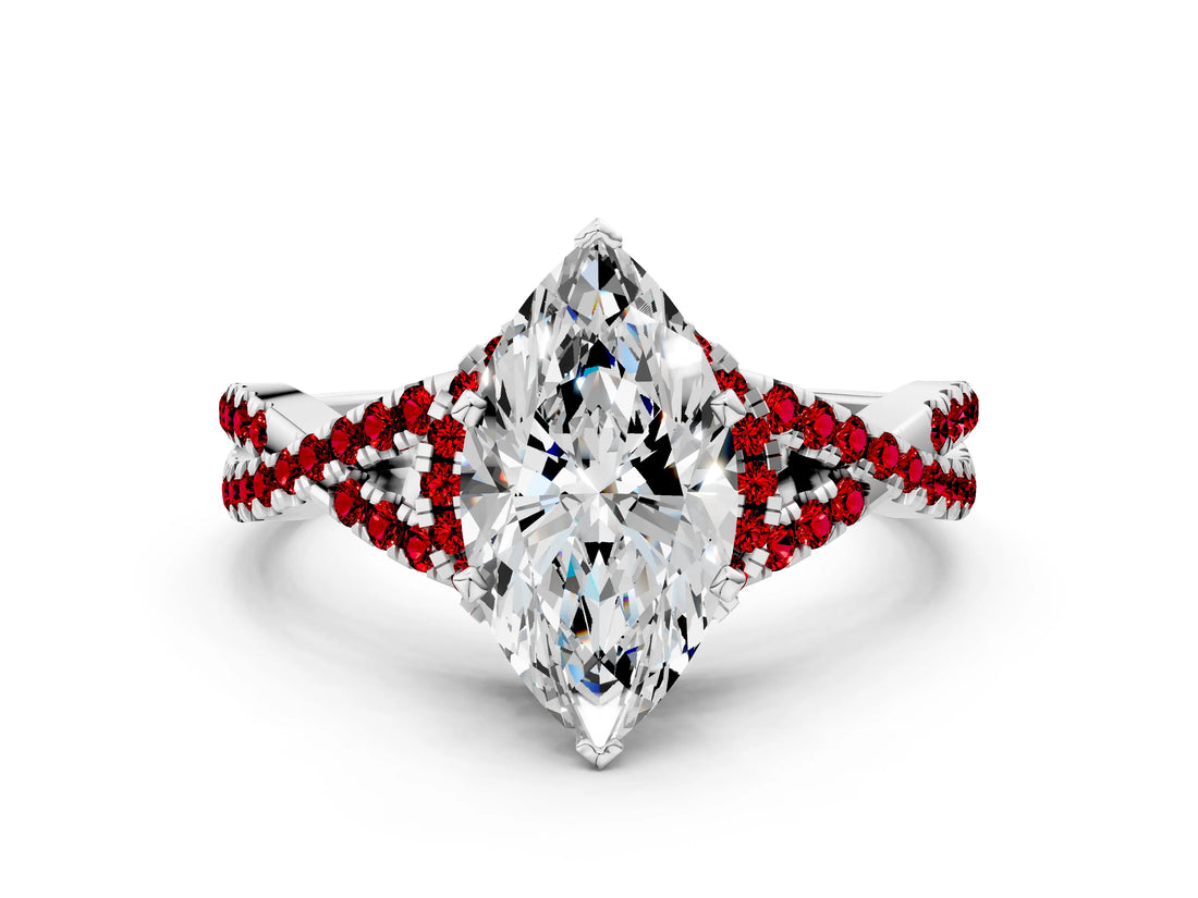 White gold Heart Cut Diamond with Ruby side stone Halo Twist Band Solitaire Prong Setting Ring_24