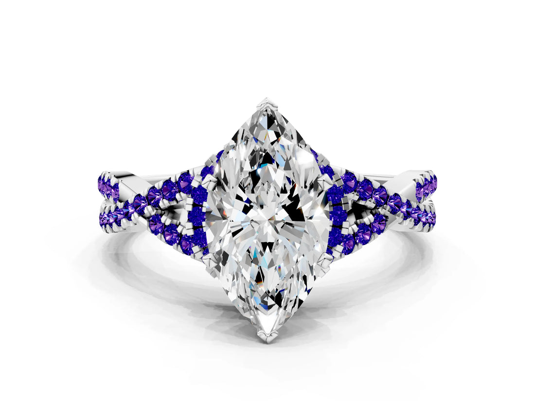 White gold Heart Cut Diamond with Tanzanite side stone Halo Twist Band Solitaire Prong Setting Ring_12