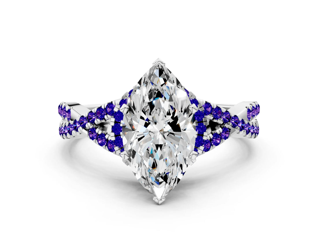 White gold Heart Cut Diamond with Tanzanite side stone Halo Twist Band Solitaire Prong Setting Ring_24