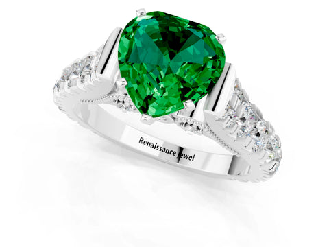 White gold Heart Cut Emerald Classic Solitaire Ring with Pavé Band and Four-Prong Setting_1