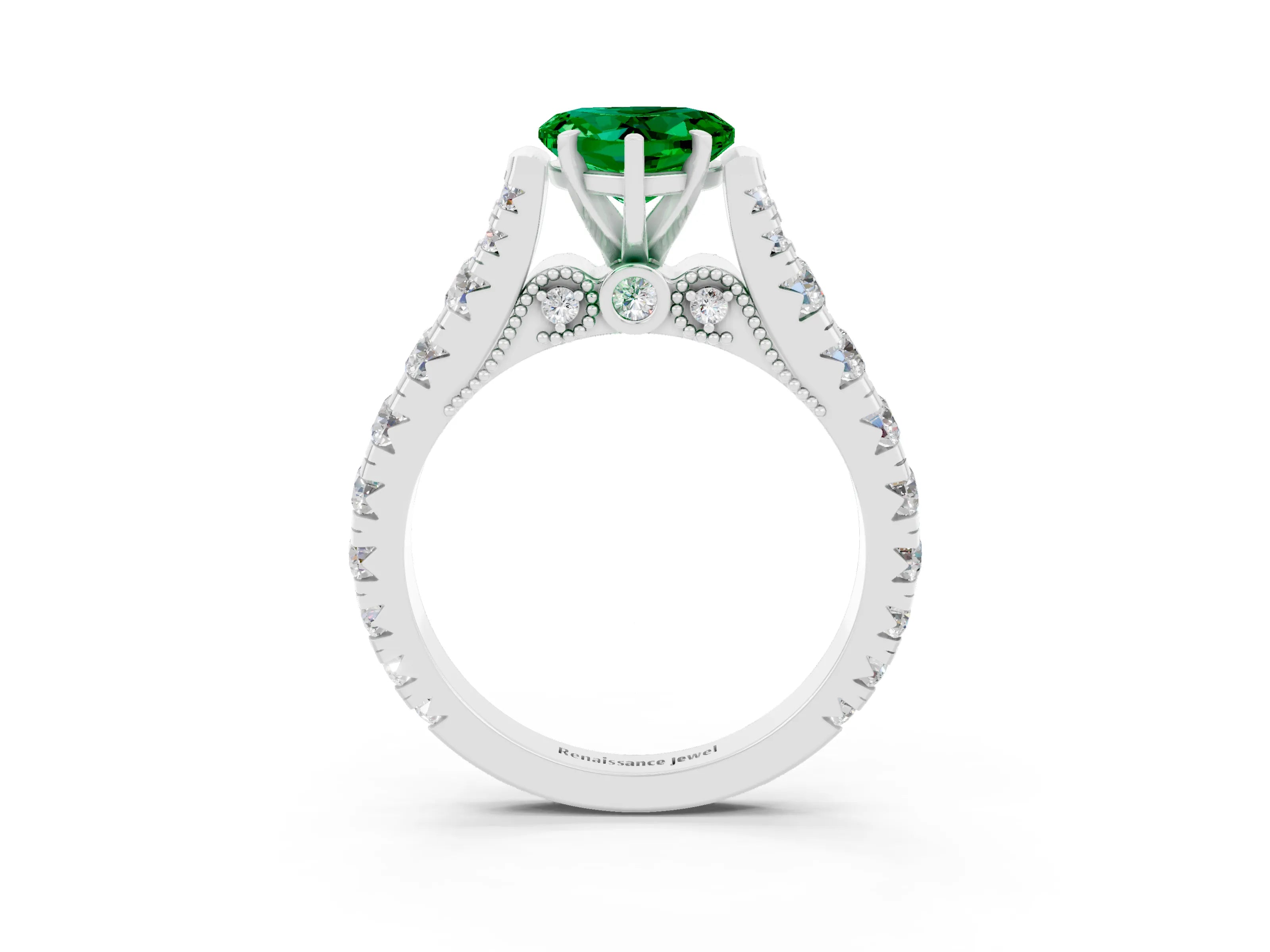 White gold Heart Cut Emerald Classic Solitaire Ring with Pavé Band and Four-Prong Setting_3