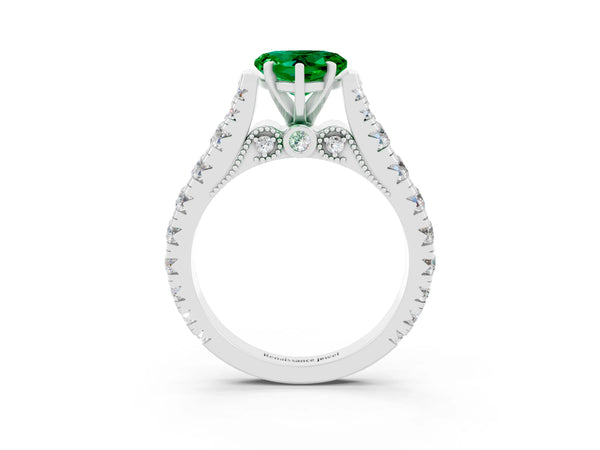 White gold Heart Cut Emerald Classic Solitaire Ring with Pavé Band and Four-Prong Setting