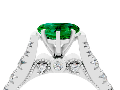 White gold Heart Cut Emerald Classic Solitaire Ring with Pavé Band and Four-Prong Setting_4