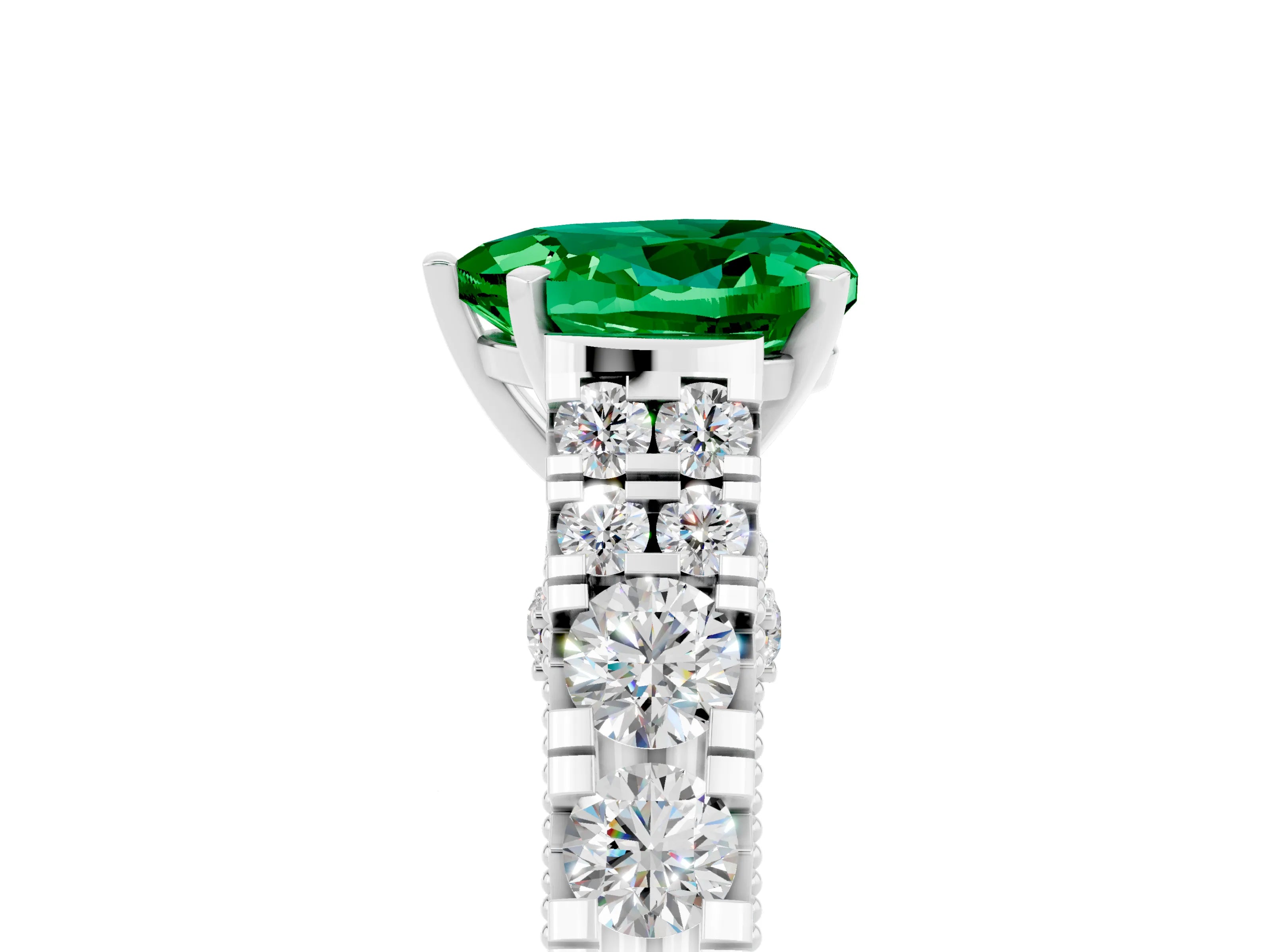 White gold Heart Cut Emerald Classic Solitaire Ring with Pavé Band and Four-Prong Setting_5