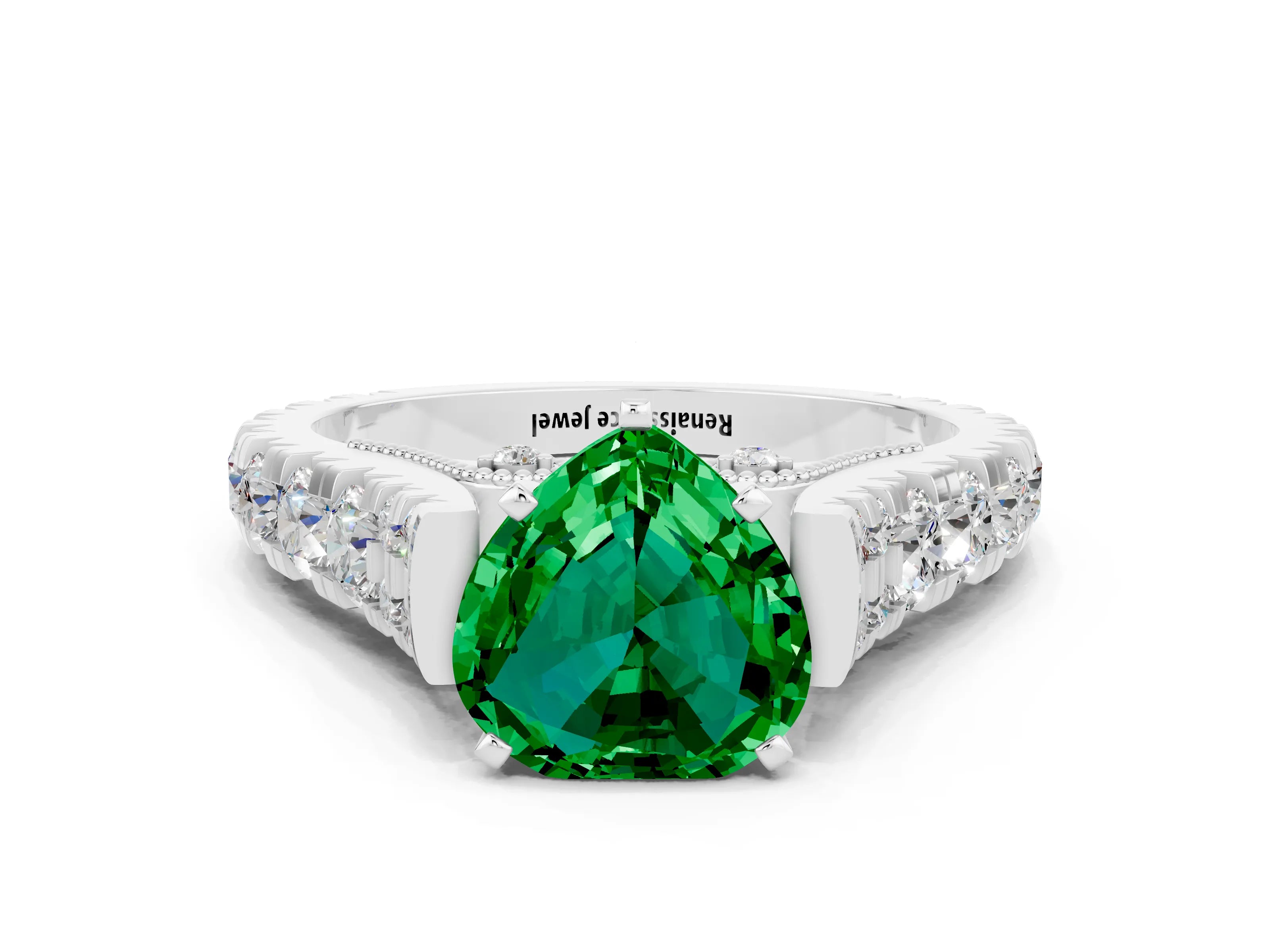 White gold Heart Cut Emerald Classic Solitaire Ring with Pavé Band and Four-Prong Setting