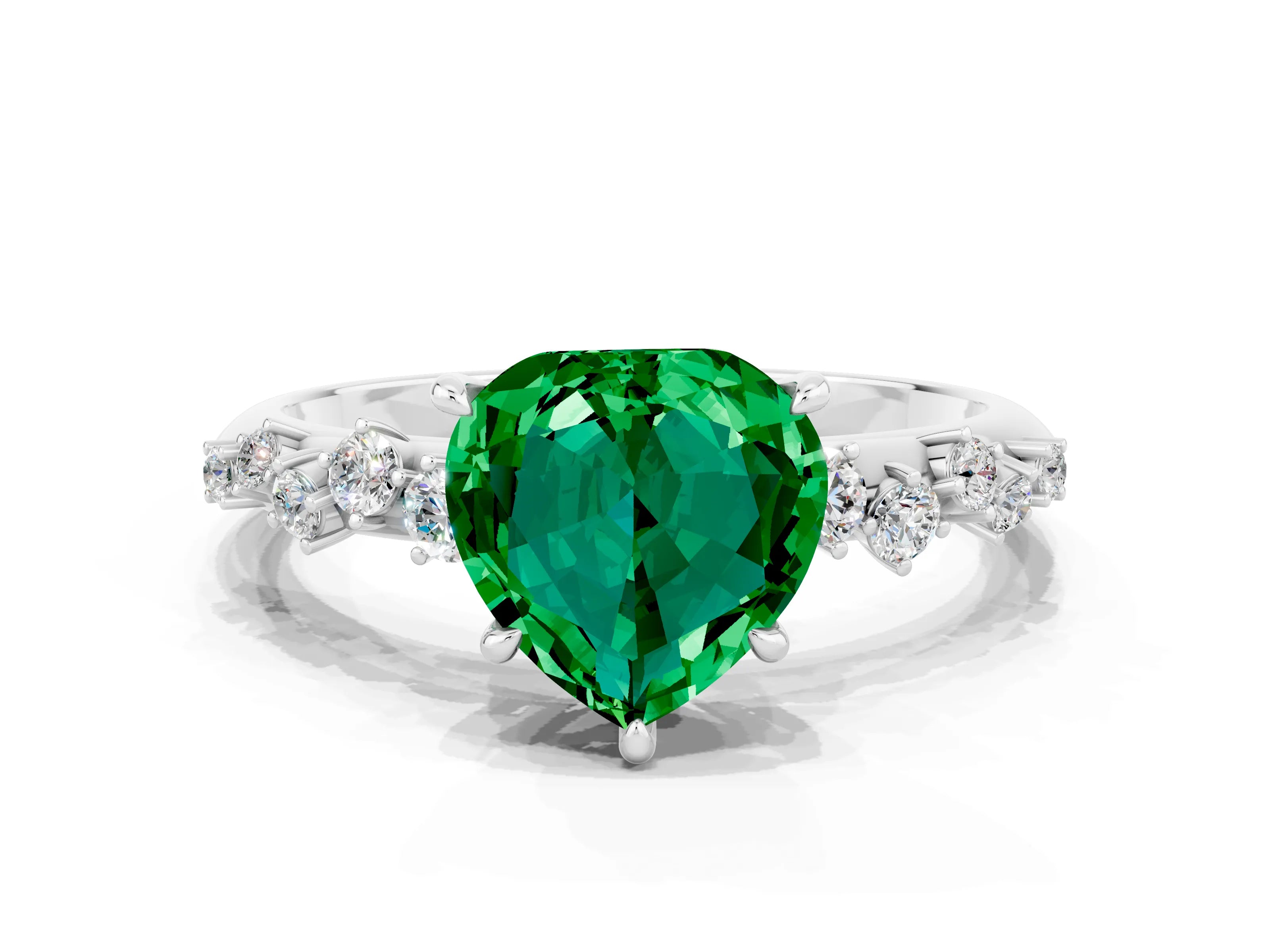 White gold Heart Cut Emerald Cluster Side Stone Solitaire Ring with Prong Setting_24