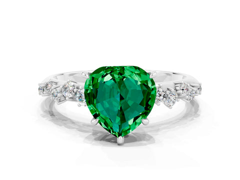 White gold Heart Cut Emerald Cluster Side Stone Solitaire Ring with Prong Setting_24