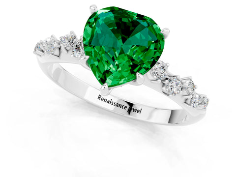 White gold Heart Cut Emerald Cluster Side Stone Solitaire Ring with Prong Setting_25