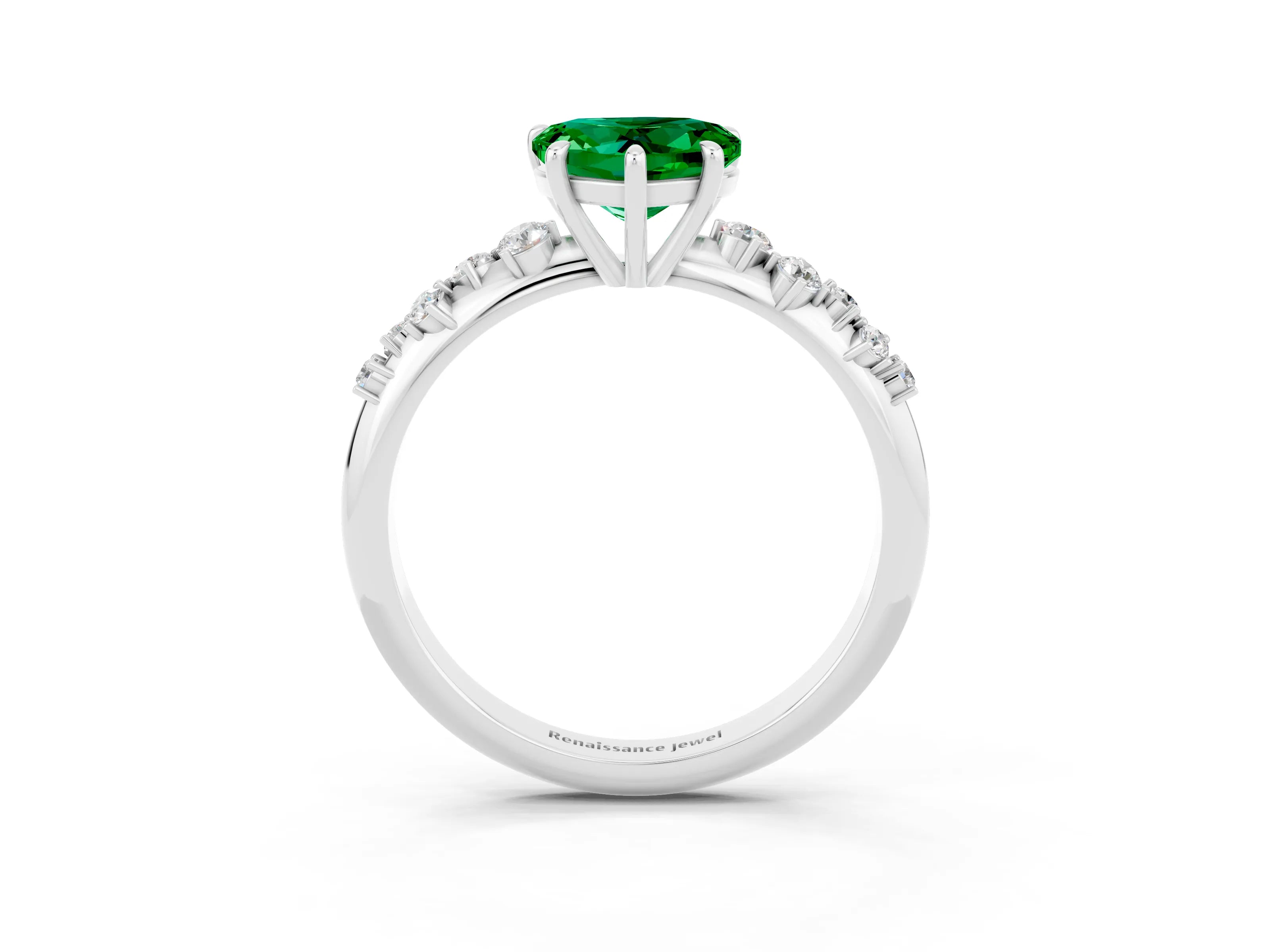 White gold Heart Cut Emerald Cluster Side Stone Solitaire Ring with Prong Setting_27