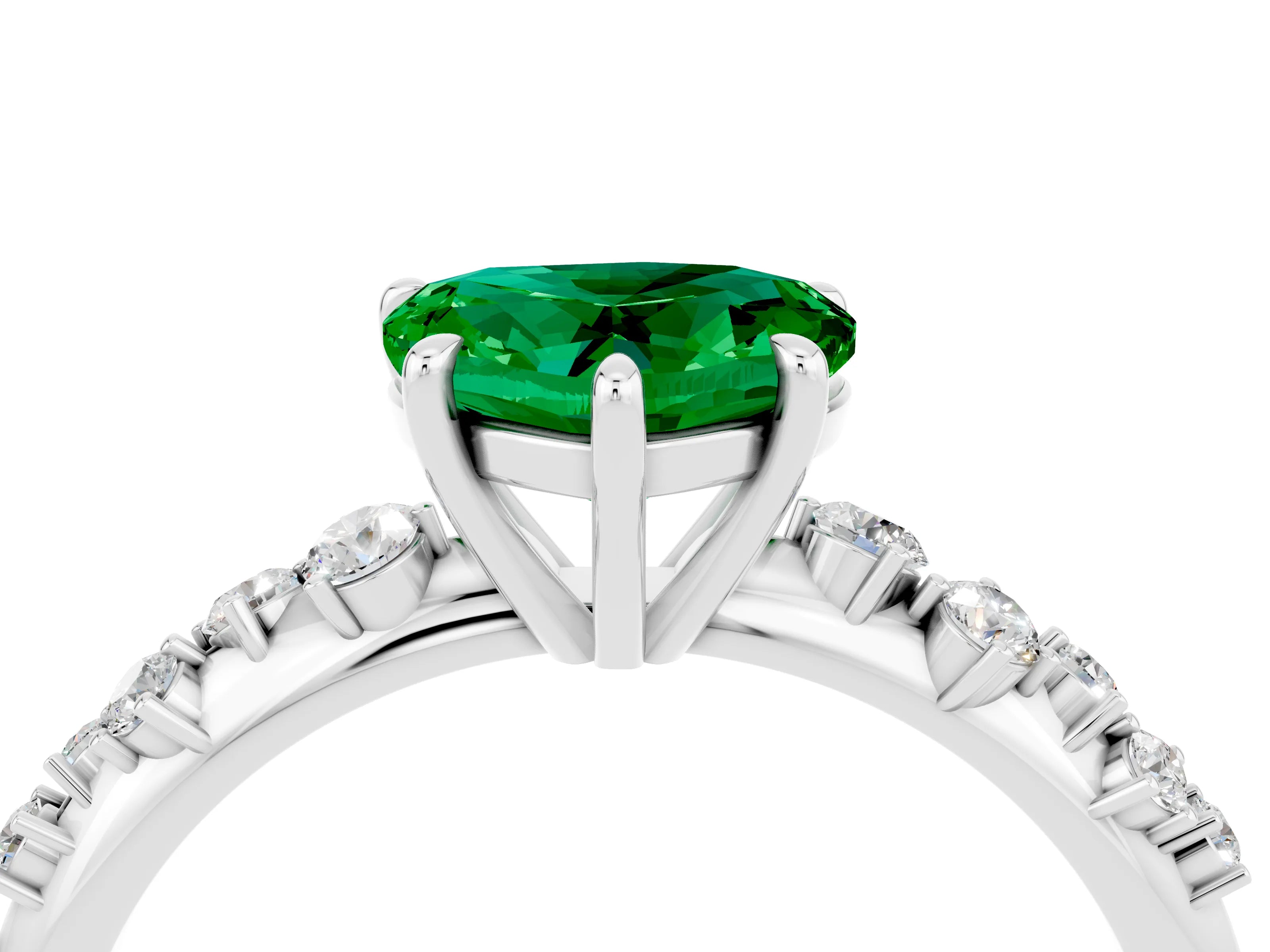 White gold Heart Cut Emerald Cluster Side Stone Solitaire Ring with Prong Setting_28
