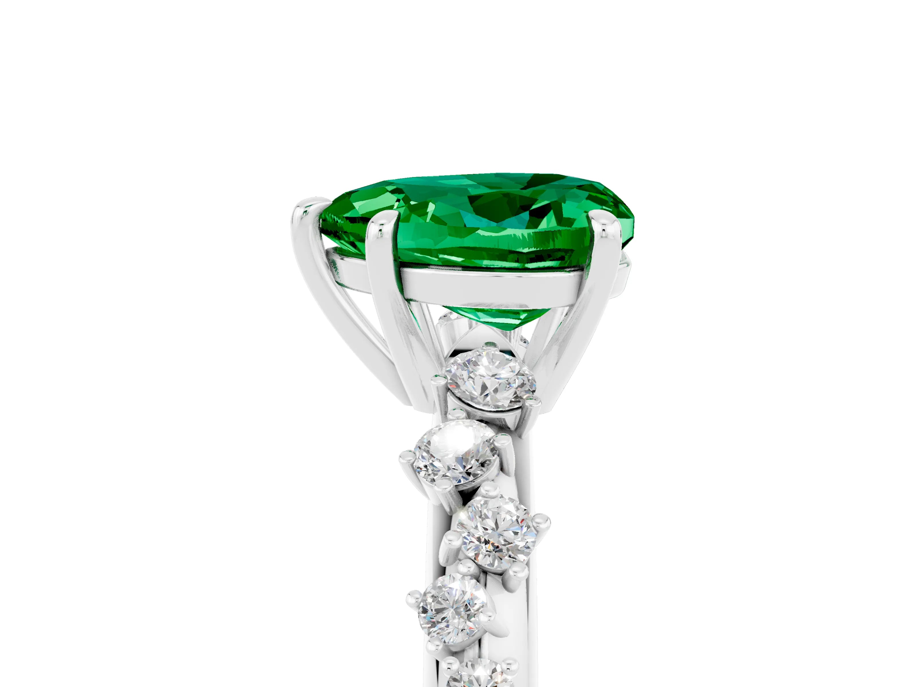 White gold Heart Cut Emerald Cluster Side Stone Solitaire Ring with Prong Setting_29