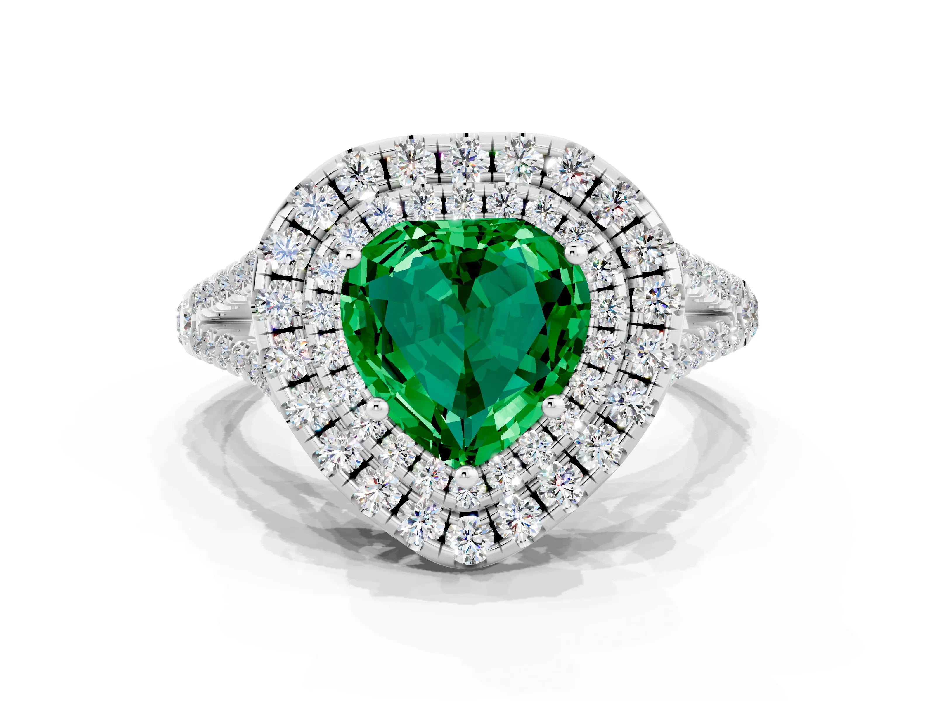 White gold Heart Cut Emerald Double Halo Ring with Pavé Band and Prong Setting_12